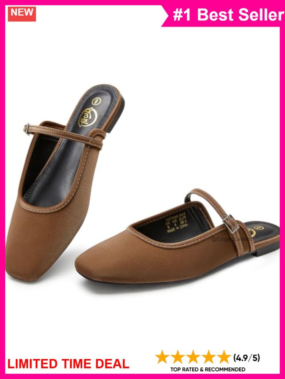 Mary Jane Mules Square Toe Adjustable Strap Flats Soft Matte PU